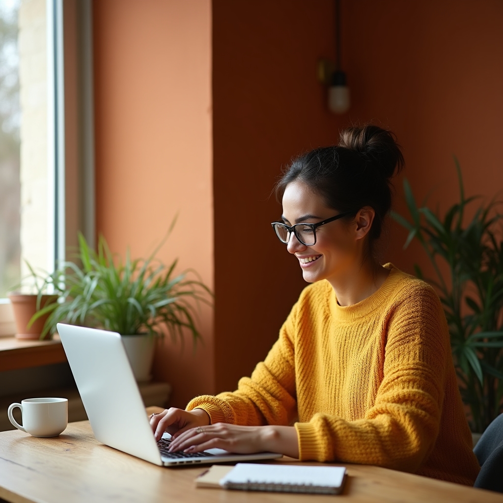Emprendedora argentina usando su notebook para escribir descripciones de productos con inteligencia artificial