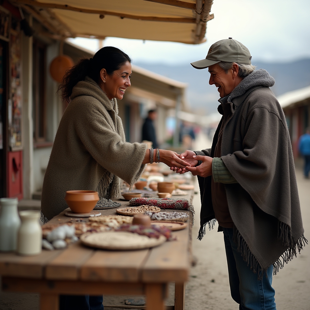 Pequeño taller o feria de emprendedores en la Patagonia argentina mostrando productos artesanales